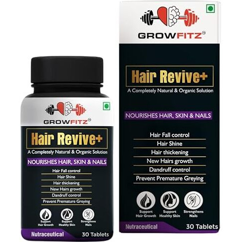 Growfitz Hair Revive+ | Ayurvedic & 100% Natural | Hair Growth, Skin, Nails | For Men & Women - 30 Veg Tablets (Pack Of 1)