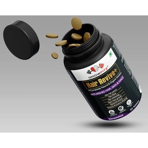 Growfitz Hair Revive+ | Ayurvedic & 100% Natural | Hair Growth, Skin, Nails | For Men & Women - 30 Veg Tablets (Pack Of 1)
