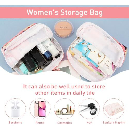 Palay 2Pcs Sanitary Napkin Storage Bag, Cartoon Cotton Sanitary Napkin Pouch, Menstrual Pad Bag With Zipper, Multi-Purpose Storage Bag For Napkin, Lipstick, Sanitary Pads, Mini Cosmetic Bag Wash Bag