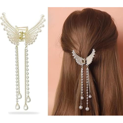 Wexus Ethnic Choice Korean Style Pearl Metal Hair Clutcher Golden Butterfly With Tussle Hair Claw Clip Hair Accessories For Women Girls (1 Pcs)