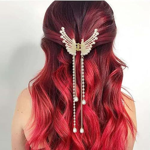Wexus Ethnic Choice Korean Style Pearl Metal Hair Clutcher Golden Butterfly With Tussle Hair Claw Clip Hair Accessories For Women Girls (1 Pcs)