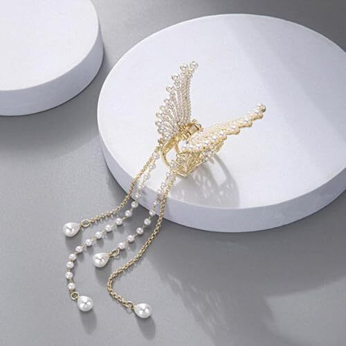 Wexus Ethnic Choice Korean Style Pearl Metal Hair Clutcher Golden Butterfly With Tussle Hair Claw Clip Hair Accessories For Women Girls (1 Pcs)