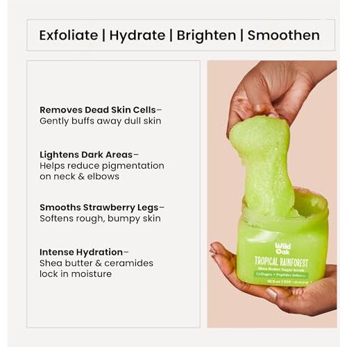 Wildoak Tropical Rainforest Shea Sugar Body Scrub | 300Gm | With Collagen & Peptides | Tan Removal | Lightens Dark Area Like Neck & Elbows | Smoothen Bumpy Legs & Hands | Hydrating & Exfoliating Scrub