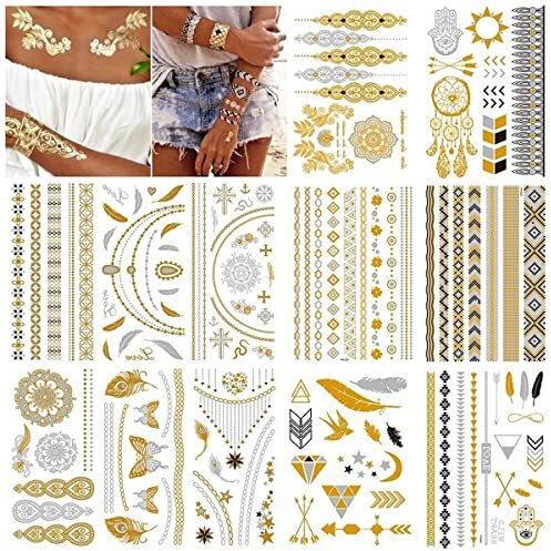 Maycreate 12 Sheets Tattoo Sticker Creative Element Temporary Tattoos Stickers Golden Tatto Stickers Assorted Henna Art Tattoo Sticker For Body Art Tattoos Art Waterproof Temporary