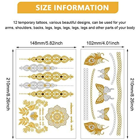 Maycreate 12 Sheets Tattoo Sticker Creative Element Temporary Tattoos Stickers Golden Tatto Stickers Assorted Henna Art Tattoo Sticker For Body Art Tattoos Art Waterproof Temporary