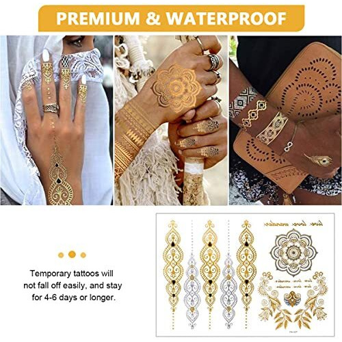 Maycreate 12 Sheets Tattoo Sticker Creative Element Temporary Tattoos Stickers Golden Tatto Stickers Assorted Henna Art Tattoo Sticker For Body Art Tattoos Art Waterproof Temporary