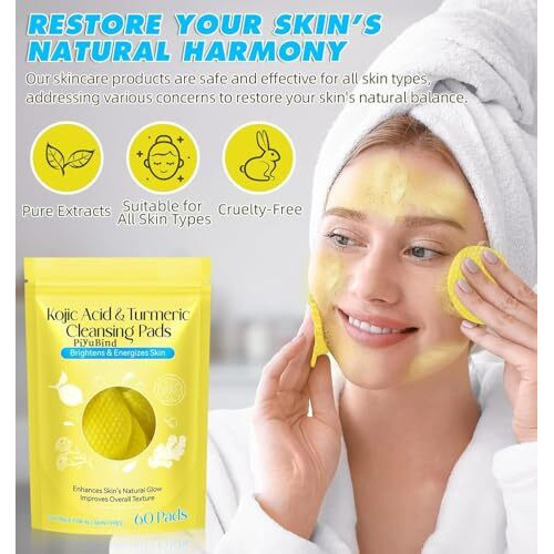 Piyubind Kojic Acid And Turmeric Cleansing Pads - 60 Count, Mild And Non-Irritating Turmeric Kojic Acid Pads For Face, Suitable For All Skin Types, Gentle Exfoliating Facial Pads