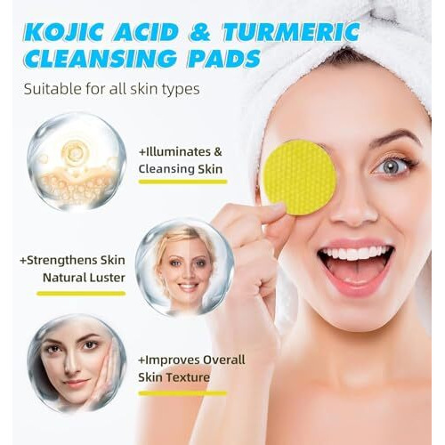 Piyubind Kojic Acid And Turmeric Cleansing Pads - 60 Count, Mild And Non-Irritating Turmeric Kojic Acid Pads For Face, Suitable For All Skin Types, Gentle Exfoliating Facial Pads