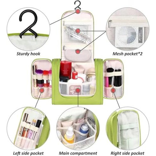 Ts With Techsun Toiletry Cosmetic Makeup Bag For Women, Travel Organizer Waterproof Shower Wash Bag, Travel Kit Pack With Hanging Hook, Travel Essentials Pouch (Green), 5.7 Cm