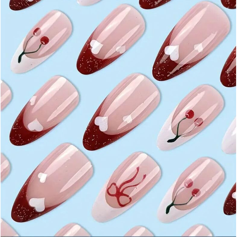 Nakhi 24 Reusable Artificial Fake Nail Set | Peach Base Colour White Bow Design Glossy Nails | Lightweight & Long Lasting| Quick Fix For Festivals & Special Occasions