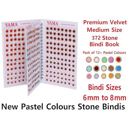 Vama Self-Adhesive Fashions Multicolor Round Pastel English Mint Colors Stone Border Booklet Forehead Sindoor Sticker Bindi Book For Women, 8 X 9.5 X 0.1 Centimeters