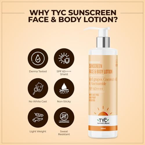 Tyc - Trust Your Choice Sunscreen Spf 60++++ Face And Body Lotion, With Coconut Oil And Niacinamide, No White Cast And Sand Proof, Hydrating Ayurvedic And Natural, For All Skin Types (200 Ml)