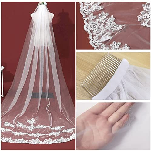 Palay Women's Polyester Bridal Veil 3M Wedding Veil Cowl For Bride White Lace Edge Long Cathedral Veil 1 Tier Drop Veil Bridal Tulle Hair Accessories