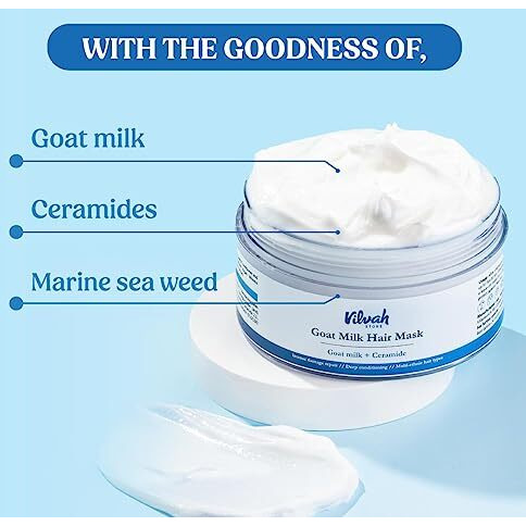 Vilvah Store Goat Milk Hair Mask | Deep Nourishing | Fresh Hair Mask Provides Damaged Deep Conditioning & Strength | Curl Or Styling Cream | Powered With Goat Milk | For Women & Men | 200 Gm,1 Count