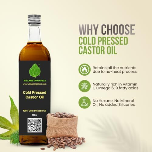 Village-Organica Cold Pressed Castor Oil, Hexane Free & Unadulterated, Natural & Pure For Hair, Skin & Eyelash, Hair Oil In Glass Bottle - 500Ml
