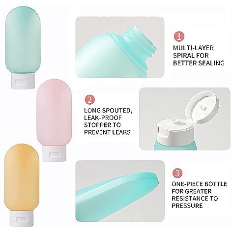Fapiwen Travel Toiletry Bottles Kit - 3Pcs 60Ml Leak Proof Refillable Silicone Squeeze Containers For Toiletries - Multicolor