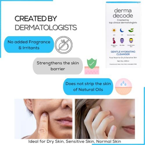 Derma Decode Gentle Hydrating Cleanser, Face Wash For Dry Skin & Sensitive Skin | Safe For Kids, Cleanses Oil & Dirt, No Over-Drying| Hyaluronic Acid + Aloe + Ceramides Face Wash | Unisex- 100Ml