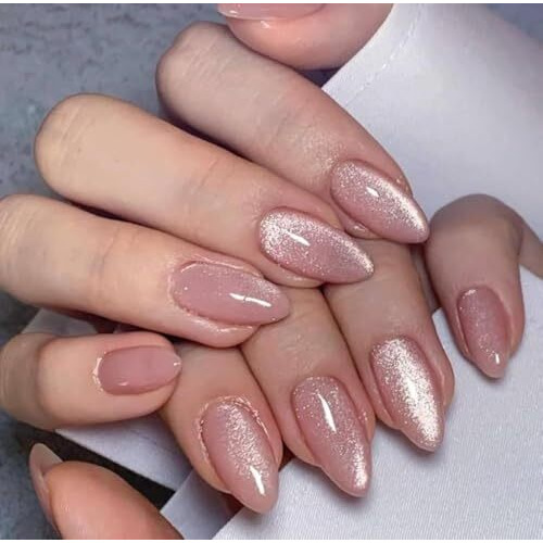 Happy Fingers Artificial Nails - Handmade Press-On With Cats Eye Effect Pack Of 12 Almond Shape | Reusable, Pre-Designed | Perfect Decorative Fake Nails For Women & Girls | Press-On Nail Tips |(Rose Gold)