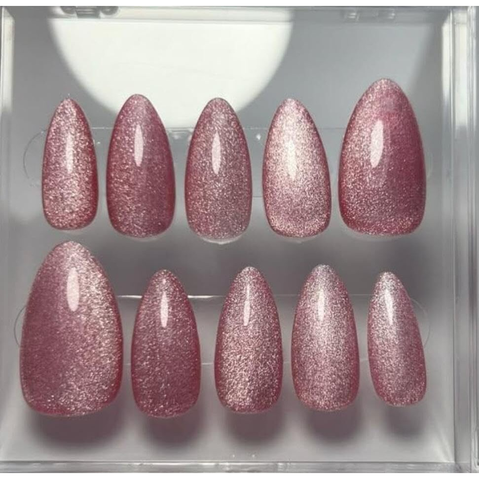 Happy Fingers Artificial Nails - Handmade Press-On With Cats Eye Effect Pack Of 12 Almond Shape | Reusable, Pre-Designed | Perfect Decorative Fake Nails For Women & Girls | Press-On Nail Tips |(Rose Gold)