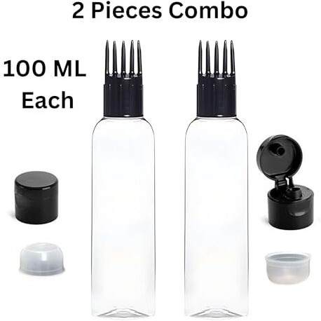 Hian Hair Oil Applicator Bottle With Comb Tip, Transparent Plastic Scalp Dispenser For Easy Oil & Shampoo Application, Refillable Bottle For Root Care (Black Color, Pack Of 2)