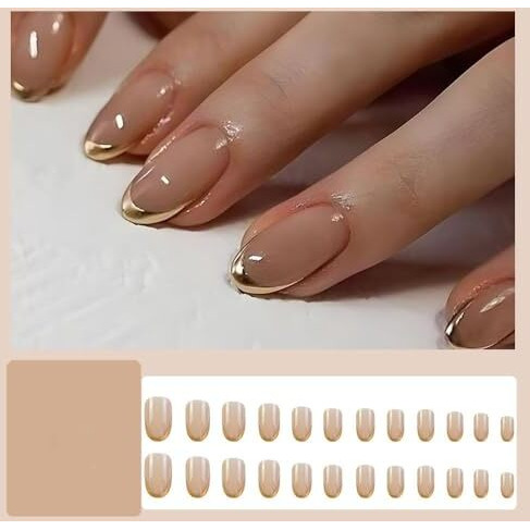 Kriga 24 Reusable Artificial Fake Nail Set| Peach Color With Golden Round On Tip Short Round Oval Shape Glossy Press On Nails| Lightweight & Long Lasting| Quick Fix For Festivals & Special Occasions
