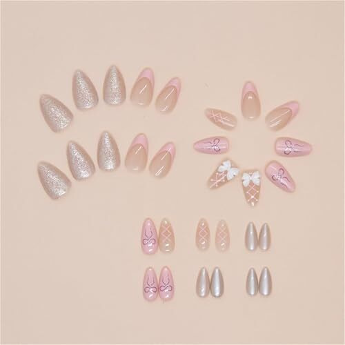Nakhi 24 Reusable Artificial Fake Nail Set |Base Peach Colour With White Bow Design Glossy Nails | Lightweight & Long Lasting| Quick Fix For Festivals & Special Occasions