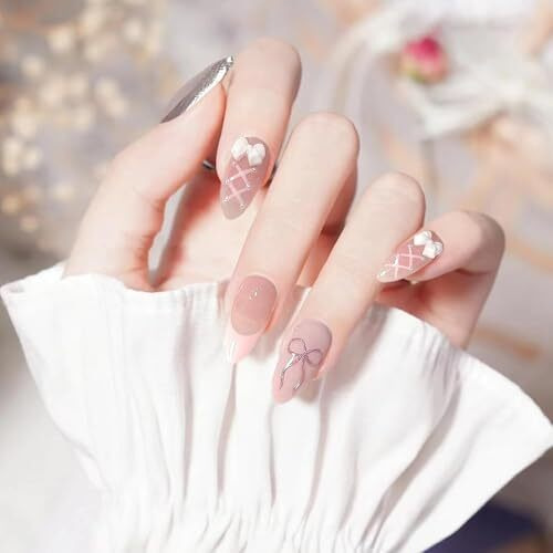 Nakhi 24 Reusable Artificial Fake Nail Set |Base Peach Colour With White Bow Design Glossy Nails | Lightweight & Long Lasting| Quick Fix For Festivals & Special Occasions