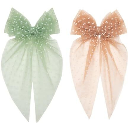 Radhu & Kabby Hair Bows For Women | Bow Hairclips | Clips Hair Accessories | Girls Net Tail Hairbow | Pack Of 2 | Net Bows | Green & Brown Color