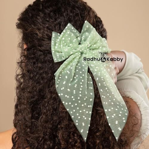 Radhu & Kabby Hair Bows For Women | Bow Hairclips | Clips Hair Accessories | Girls Net Tail Hairbow | Pack Of 2 | Net Bows | Green & Brown Color