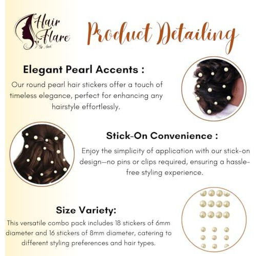 Hair Flare Round Pearl Hair Stickers Combo Of 18 (6Mm) & 16 (8Mm) Pearl, Easy Stick-On, No Pins Needed, Pack Of 34_2860_Silver