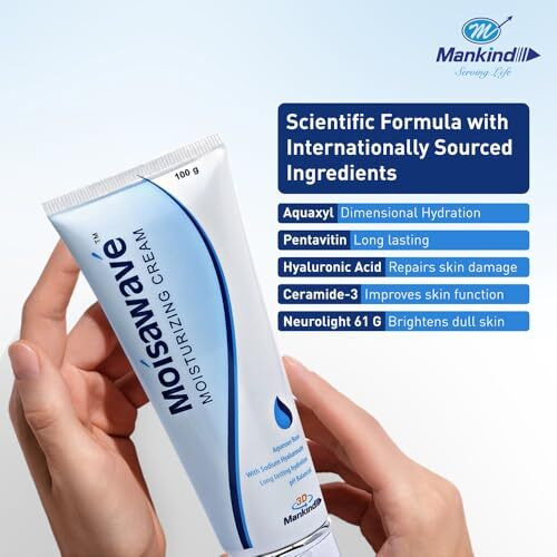 Mankind Moisawave Cream Lightweight Formula For 72H Moisture Lockdown, With Hyaluronic Acid, Ceramide & Aquaxyl, For Daily Face Moisturizer, Suitable For Dry, Oily And Sensitive Skin 100G