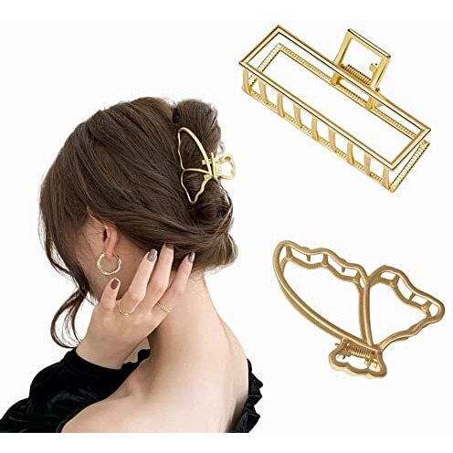 Sichumaria Gold Hair Claw Clips 2 Pcs Metal Clips For Thick Hair, Long Big Jaw Butterfly Clips, Styling Accessories, Clamps For Women