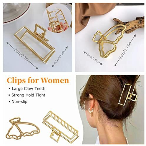 Sichumaria Gold Hair Claw Clips 2 Pcs Metal Clips For Thick Hair, Long Big Jaw Butterfly Clips, Styling Accessories, Clamps For Women