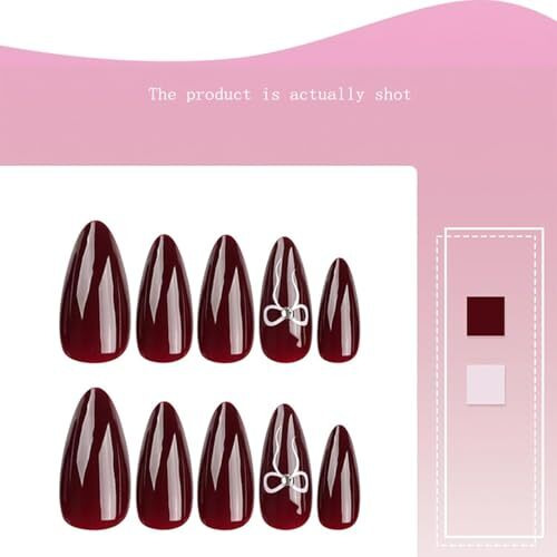 Nakhi 24 Reusable Artificial Fake Nail Set |Base Maroon Colour With White Bow Design Glossy Nails | Lightweight & Long Lasting| Quick Fix For Festivals & Special Occasions