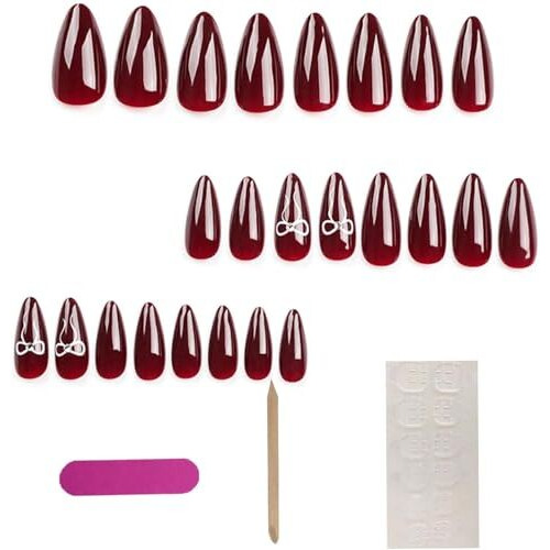 Nakhi 24 Reusable Artificial Fake Nail Set |Base Maroon Colour With White Bow Design Glossy Nails | Lightweight & Long Lasting| Quick Fix For Festivals & Special Occasions