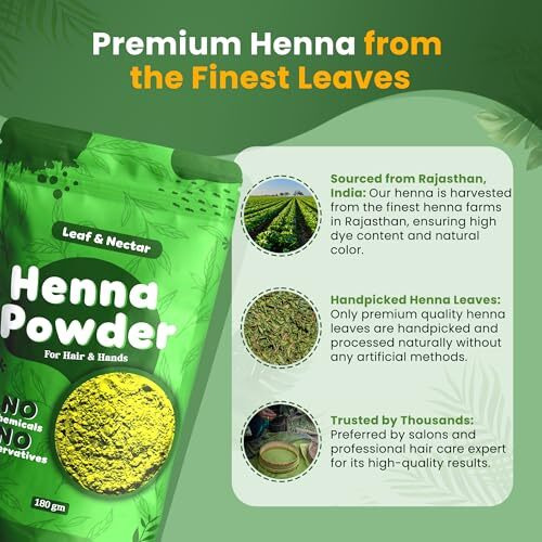 Leaf & Nectar Natural Henna Powder For Hair Color & Growth | 100% Pure & Organic Mehendi For Healthy, Shiny Hair (180G)