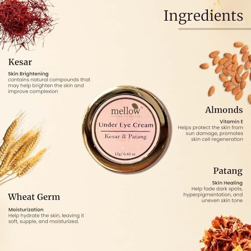 Mellow Herbals Ayurvedic Under Eye Cream (12Gm) For Dark Circles & Puffiness | Goodness Of Kesar, Patang & Kukumadi Oil | Ayush Certified | Gmo, Paraben And Silicone Free