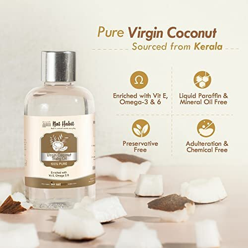 Nat Habit 100% Pure Virgin Coconut Baby Massage Oil For Baby Skin & Hair, Enriched With Vit E & Omega-3, 6 Non-Refined, Llp Free, Chemical & Preservative Free - 100 Ml