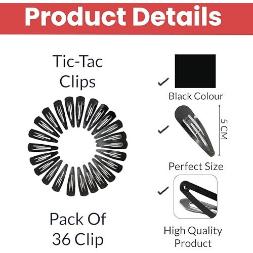 Temperia Tic Tac Hair Clips For Girls (Pack Of 36Pcs) (5Cm) (Matte Black) - Tik Tak Pins For Women