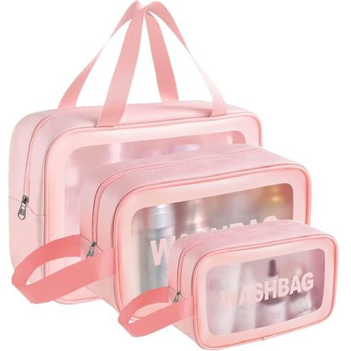 Landvk Cosmetic Makeup Organizer Pouch Bag For Women, Wash Bag For Travel, Toilery Organizer Kit, 3 Pcs Wash Bag Set, Pink