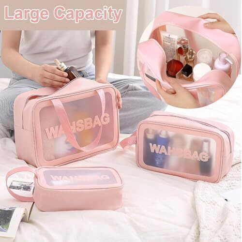 Landvk Cosmetic Makeup Organizer Pouch Bag For Women, Wash Bag For Travel, Toilery Organizer Kit, 3 Pcs Wash Bag Set, Pink