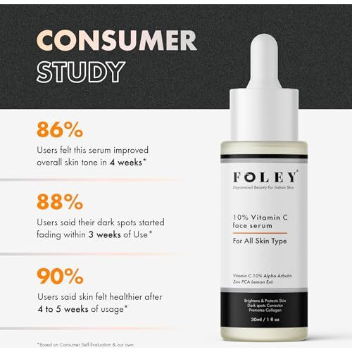 Foley Vitamin C 10% Serum For Glowing Skin & Dark Spot Reduction With Alpha Arbutin, Ferulic Acid, Zink Pca For Men-Women | 30Ml