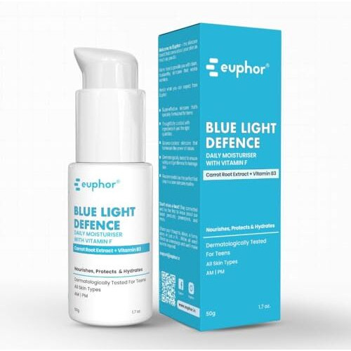 Euphor Teens | Daily Light-Weight Moisturizer- Blue Light Defence | Protects, Nourishes And Hydrates | Niacinamide, Vitamin F, Carrot Root Extract | All Skin Types | Peg-Free, No Parabens And Sulphates | 50G | For Women And Men