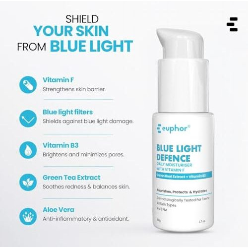 Euphor Teens | Daily Light-Weight Moisturizer- Blue Light Defence | Protects, Nourishes And Hydrates | Niacinamide, Vitamin F, Carrot Root Extract | All Skin Types | Peg-Free, No Parabens And Sulphates | 50G | For Women And Men