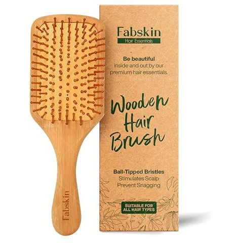 Fabskin Wooden Paddle Hair Brush For Men & Women | Cushioned Hair Brush Comb With Bamboo Bristles | Detangling, Hair Styling, Blow Drying, Non Static