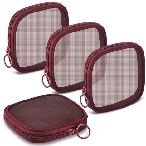 Maycreate 4Pcs Mesh Makeup Pouch Small Zipper Cosmetic Bags For Women 4.7'' Square Fashion Lipstick Pouches For Women, Nylon Mini Cash Toiletry Organizer Bag For Daily Accessories - Wine Red