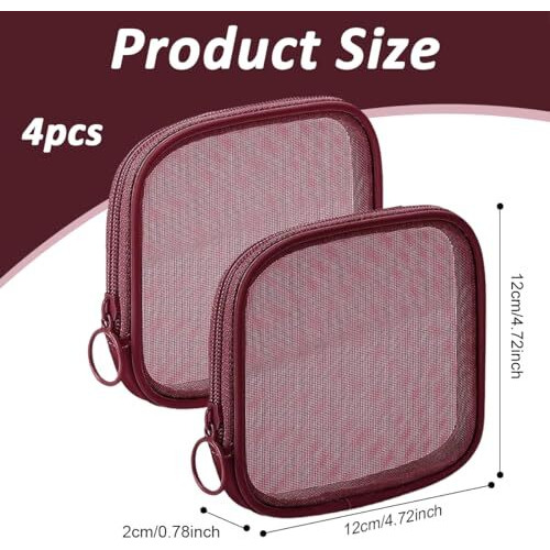 Maycreate 4Pcs Mesh Makeup Pouch Small Zipper Cosmetic Bags For Women 4.7'' Square Fashion Lipstick Pouches For Women, Nylon Mini Cash Toiletry Organizer Bag For Daily Accessories - Wine Red