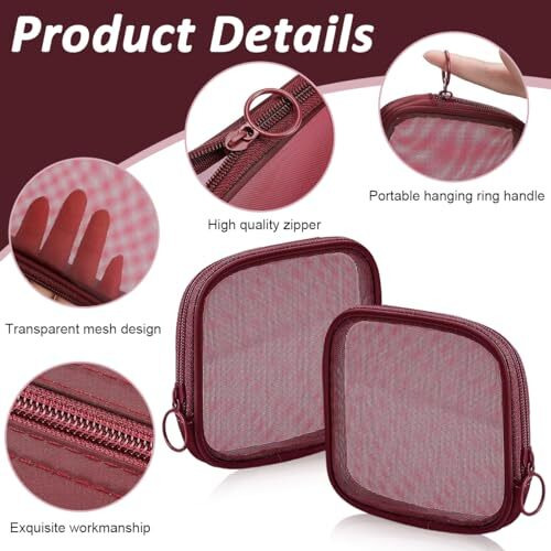 Maycreate 4Pcs Mesh Makeup Pouch Small Zipper Cosmetic Bags For Women 4.7'' Square Fashion Lipstick Pouches For Women, Nylon Mini Cash Toiletry Organizer Bag For Daily Accessories - Wine Red