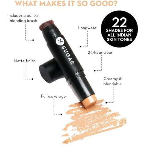 Sugar Cosmetics - Ace Of Face - Matte Foundation Stick - 10 Latte (Light Foundation With Warm Undertone) - Waterproof, Full Coverage Foundation For Women With Inbuilt Brush - 12 G