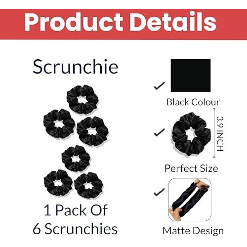 Temperia (6 Pcs) Silk Satin Scrunchies For Women & Girls - Stylish Luxury Ponytail Rubber Band Ties For Hair - Black (Mn02)